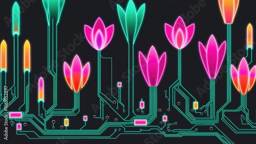 Colorful digital flowers with vibrant neon colors interspersed with circuit patterns, creating a striking fusion of nature and technology.