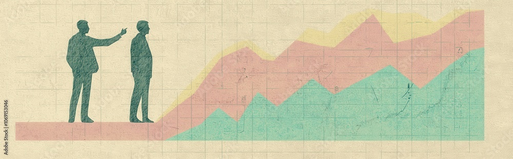 Obraz premium Financial Analysis with Graphs and Silhouettes. An illustration of two businessmen observing a rising chart, symbolizing economic insights and growth.