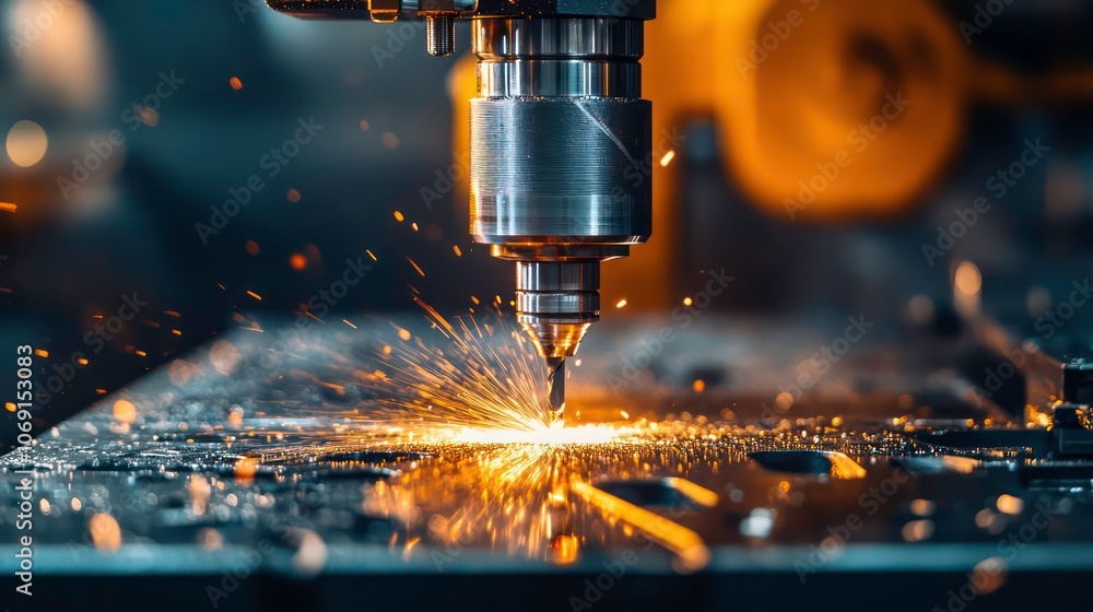 A close-up of a cutting tool generating sparks while machining a metal surface. A close-up of a cutting tool generating sparks while machining a metal surface.