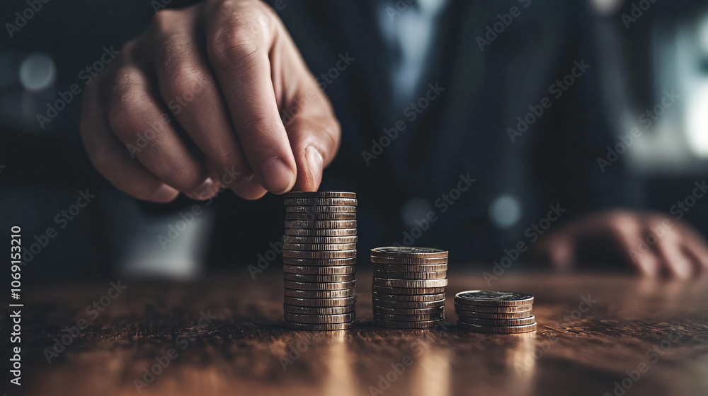 Businessman stacks coins on a wooden desk, representing financial prosperity and security Businessman stacks coins on a wooden desk, representing financial prosperity and security