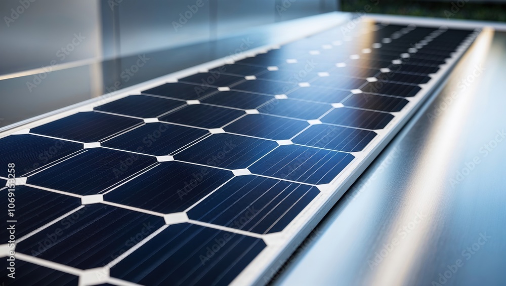 Close-up of a solar panel showcasing its sleek, modern design and photovoltaic cells, reflecting a commitment to renewable energy and sustainability. Close-up of a solar panel showcasing its sleek, modern design and photovoltaic cells, reflecting a commitment to renewable energy and sustainability.