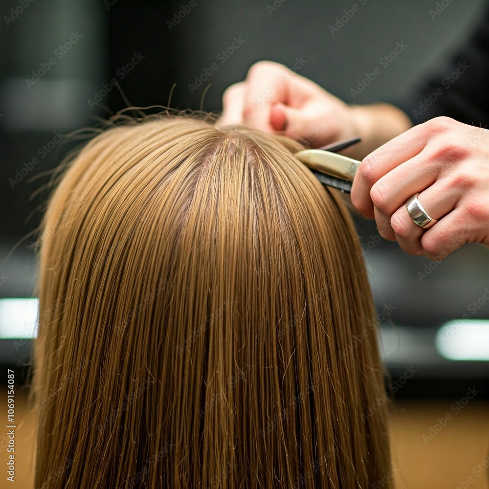 Stylist curling hair at a salon while preparing for a fashion event Stylist curling hair at a salon while preparing for a fashion event