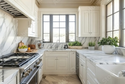 Modern White Kitchen with Marble Countertops and Stainless Steel Appliances photo