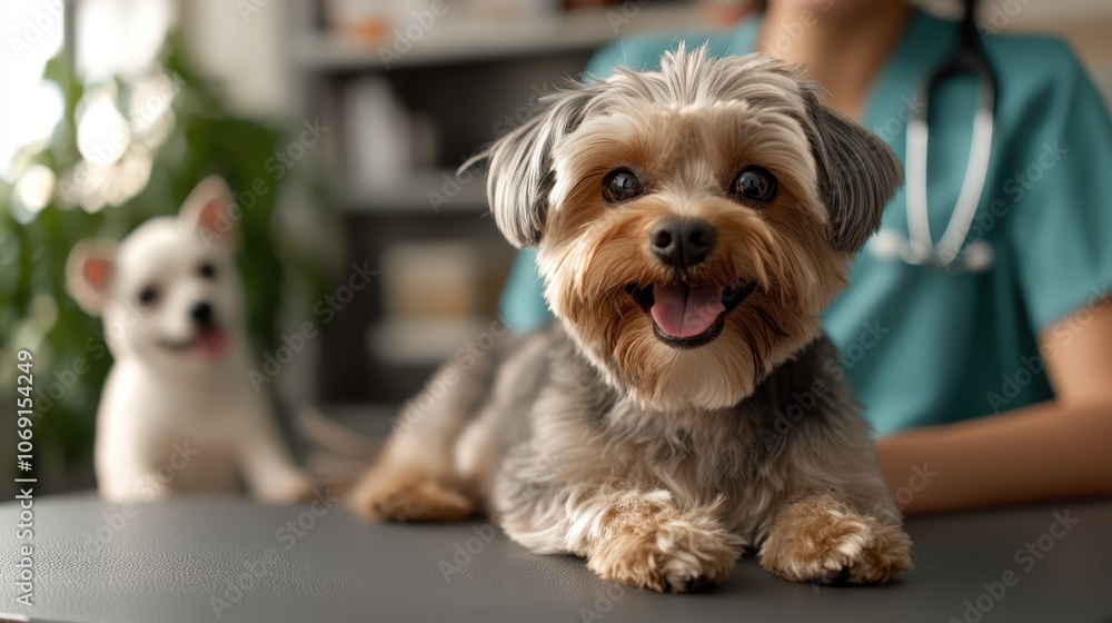 Smiling Yorkshire Terrier dog at veterinary clinic with veterinarian in background Smiling Yorkshire Terrier dog at veterinary clinic with veterinarian in background