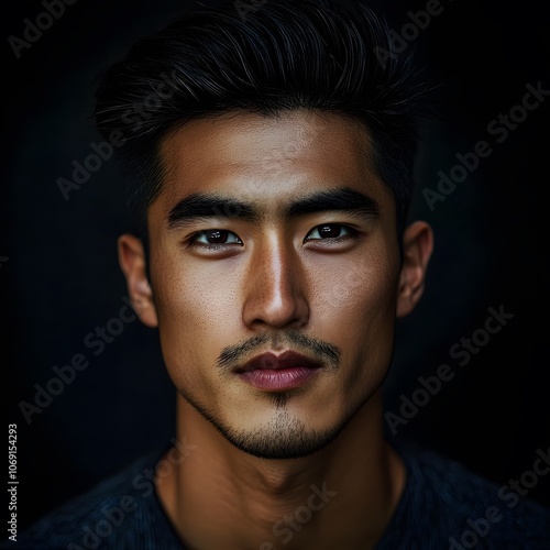 A striking portrait of a young, handsome Asian man set against an isolated background. The image focuses on his sharp features and confident expression, highlighting his individuality and style.