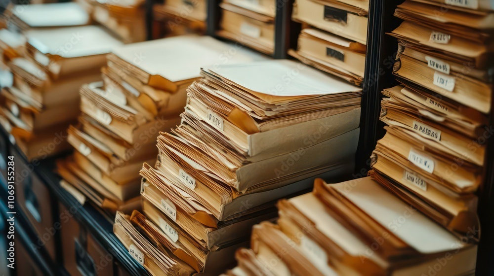 Fototapeta premium Stacks of organized files in a storage area, suggesting archival or administrative work.