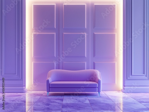 Living room with periwinkle lighting and marble floor in a chic design.