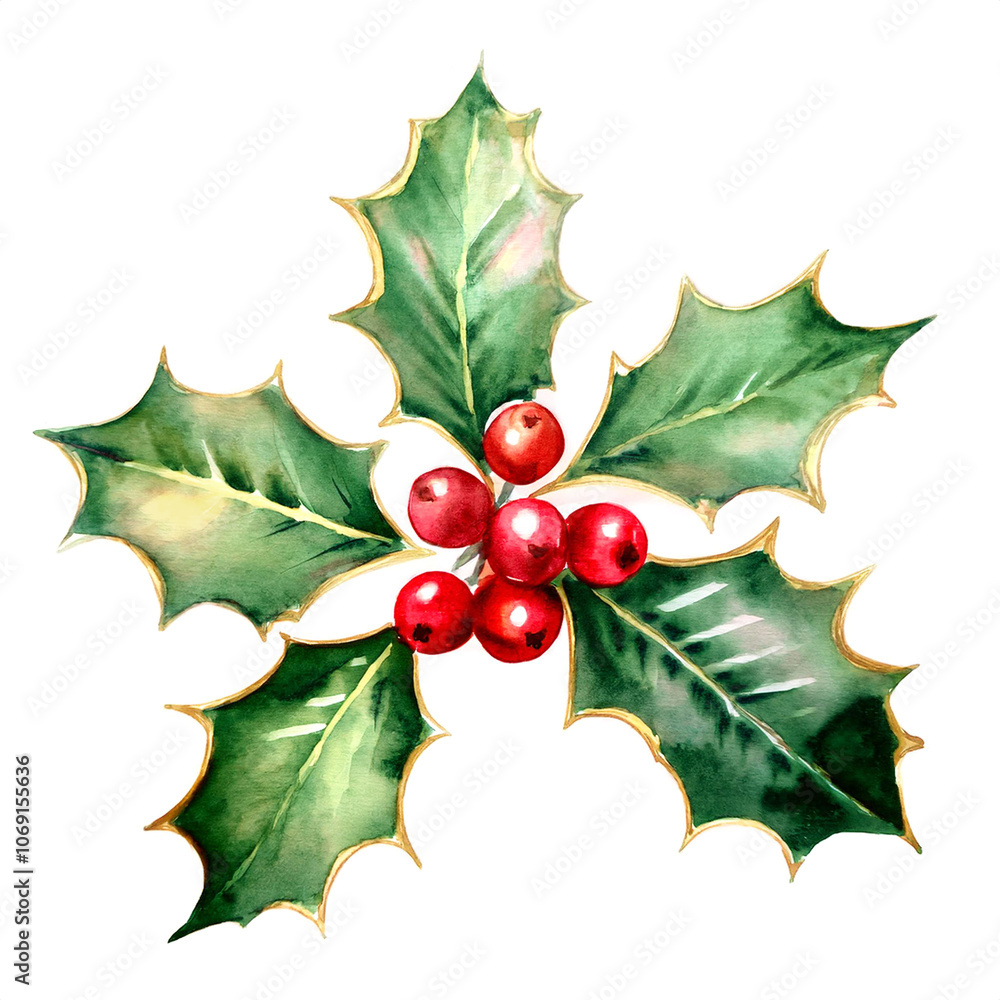 Watercolor painting of holly berries on a white background, with rich reds and deep greens, perfect for holiday cards and seasonal artwork