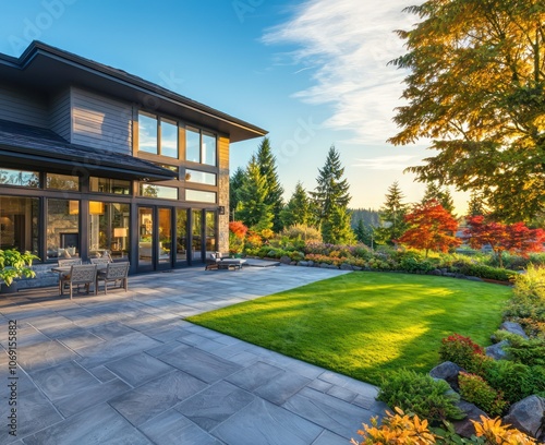 Luxurious residence in Pacific Northwest with stone patio and vibrant greens.