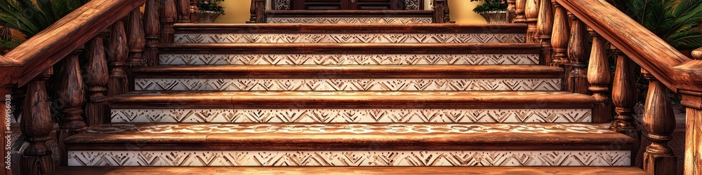 Spanish Manor Wooden Stairs with Rust and White Tiles, High-Res. Spanish Manor Wooden Stairs with Rust and White Tiles, High-Res.