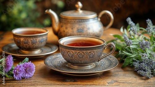 Elegant tea in ornate cups and teapot with flowers on rustic wooden table