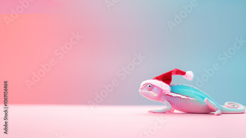 A chameleon in a Christmas hat on a bright background, minimal concept with text space