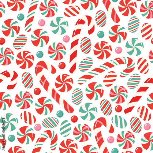 Christmas candies seamless pattern. Various holiday traditional sweets background. Flat vector illustration