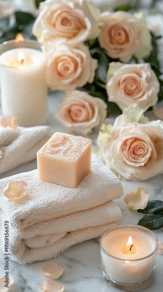 Relaxing spa setup with soft towels, candles, and pink roses creating a serene atmosphere Relaxing spa setup with soft towels, candles, and pink roses creating a serene atmosphere