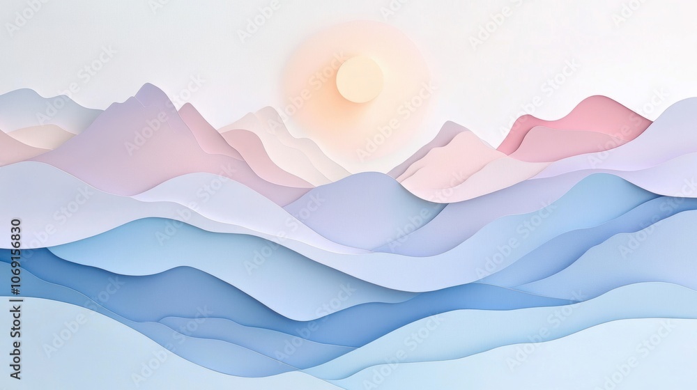 Pastel Layered Mountains, serene landscape of gently sloping peaks in soft hues, evoking calmness and tranquility in a paper-like texture Pastel Layered Mountains, serene landscape of gently sloping peaks in soft hues, evoking calmness and tranquility in a paper-like texture