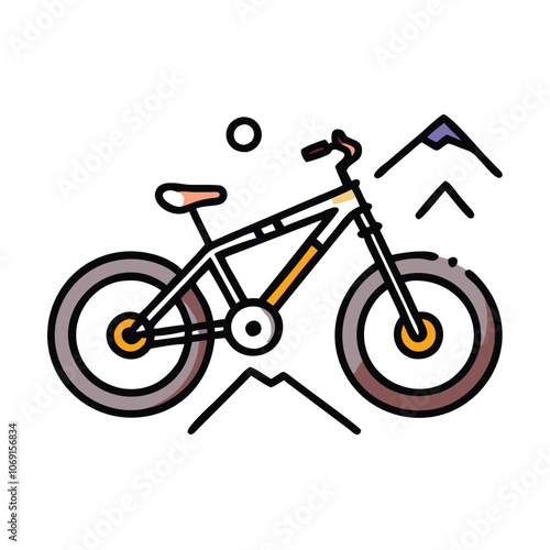 Mountain Biking Icon with Bike and Mountains, Minimalist icon of a mountain bike against a mountain backdrop, symbolizing outdoor adventure, cycling, and nature exploration, ideal for sports themes.

