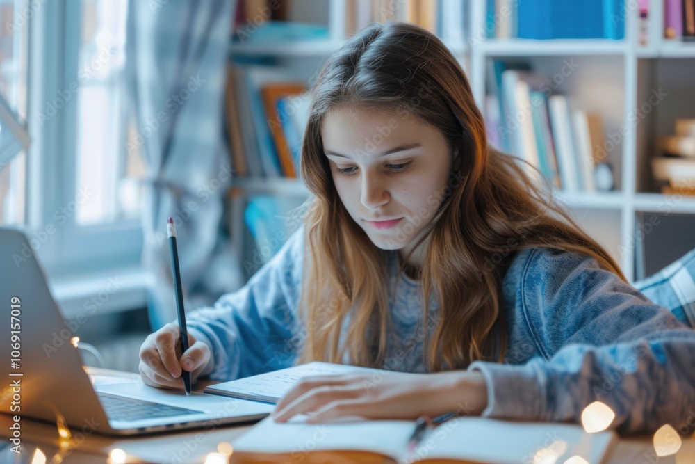 Woman working from home on laptop and notebook. Woman working from home on laptop and notebook.