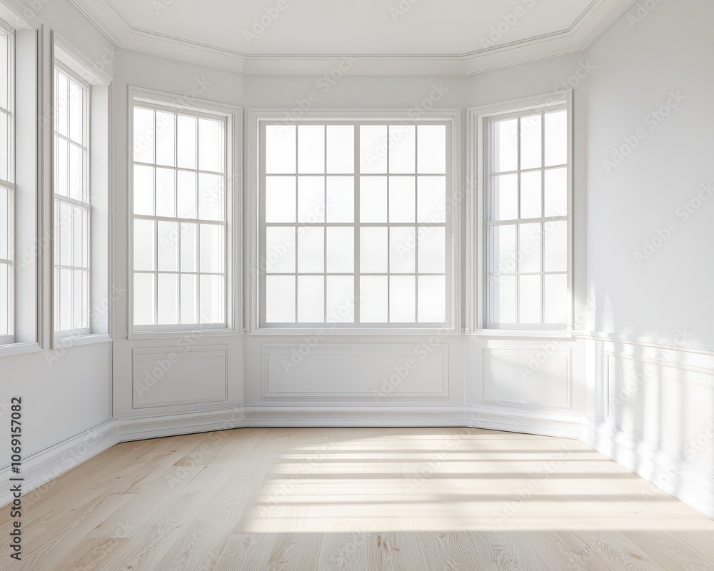 Obraz premium Consistently lit minimalist room with oak floors and white walls.