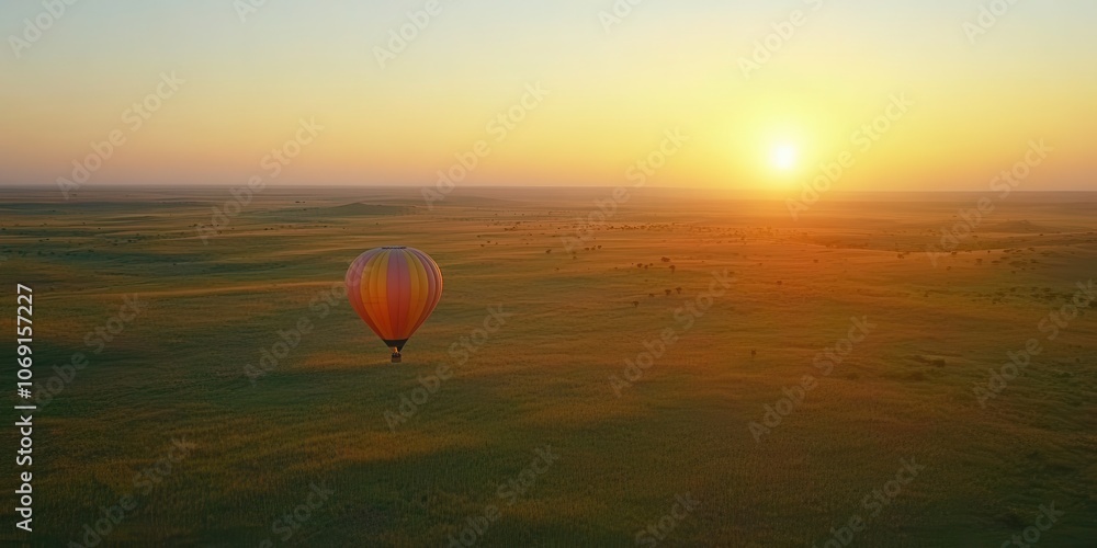 Obraz premium Hot Air Balloon Soaring Over a Golden Savanna at Sunset