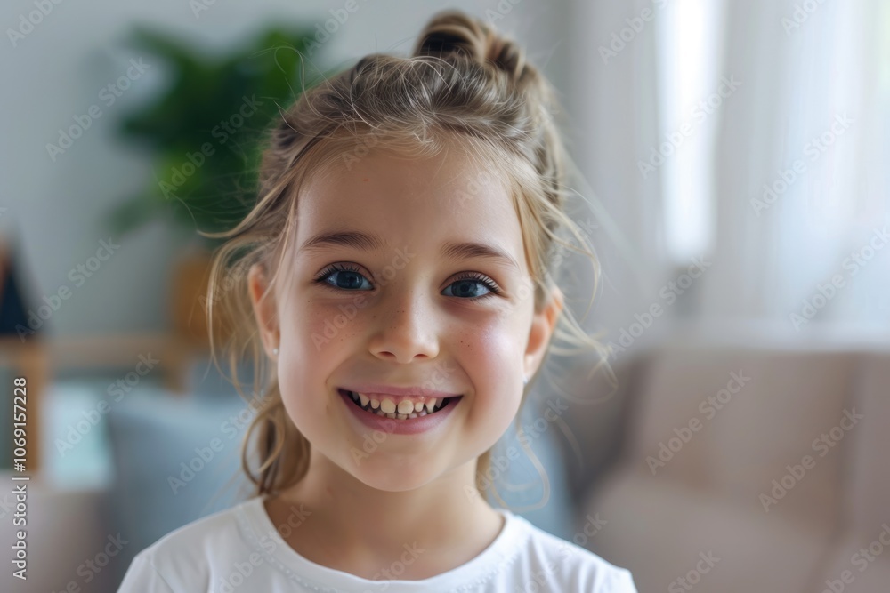 Close up portrait of happy Caucasian girl on video call. Close up portrait of happy Caucasian girl on video call.