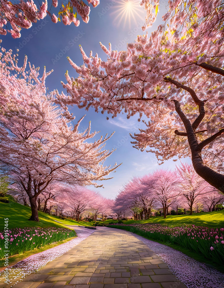 Naklejka premium A picturesque path winds through a vibrant park adorned with blooming cherry trees under a clear blue sky