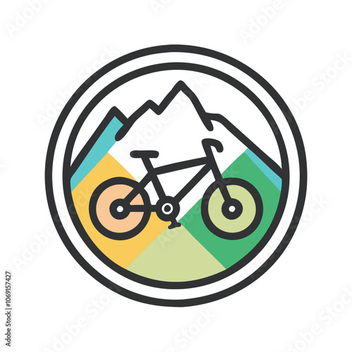 Mountain Biking Icon with Bike and Mountains, Minimalist icon of a mountain bike against a mountain backdrop, symbolizing outdoor adventure, cycling, and nature exploration, ideal for sports themes.
