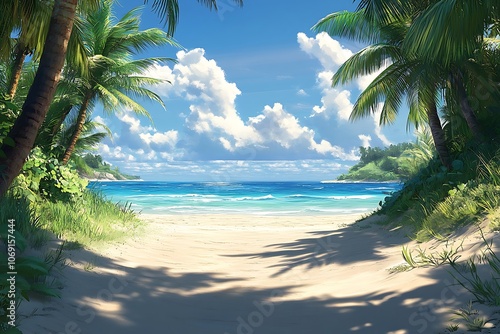 Golden Sunlight Through Palm Trees on Tranquil Beach