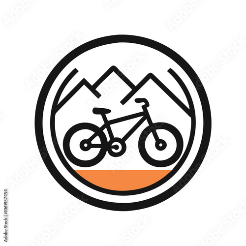 Mountain Biking Icon with Bike and Mountains, Minimalist icon of a mountain bike against a mountain backdrop, symbolizing outdoor adventure, cycling, and nature exploration, ideal for sports themes.
