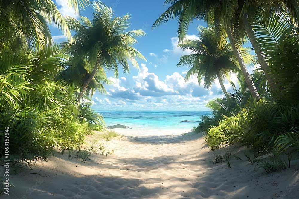 Fototapeta premium Hidden Beach Paradise Foliage Path to Serene Landscape