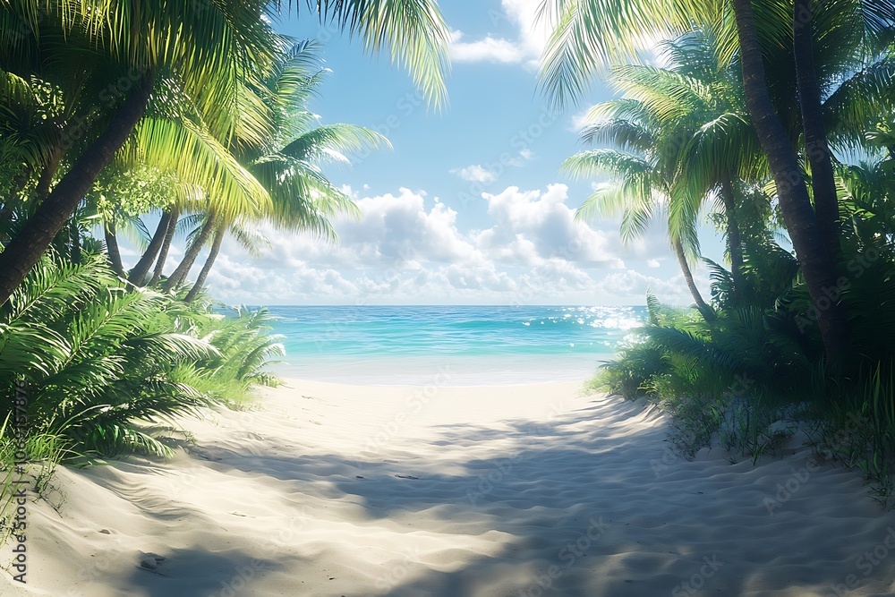 Obraz premium Hidden Beach Path Under Lush Palm Trees