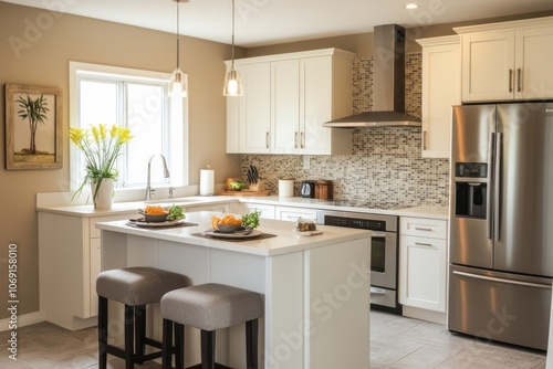 Modern Kitchen with White Cabinets, Stainless Steel Appliances, and a Kitchen Island