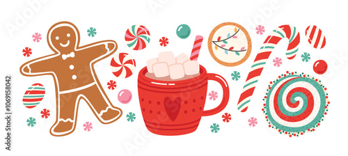 Christmas desserts set. Traditional holiday hot cocoa, sweets and bakery. Food vector illustrations collection isolated on white background