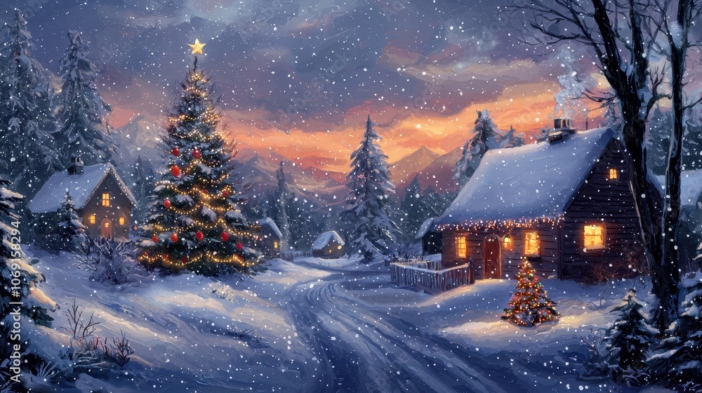 Naklejka premium Winter Holiday Scene with Snowy Landscape and Tree