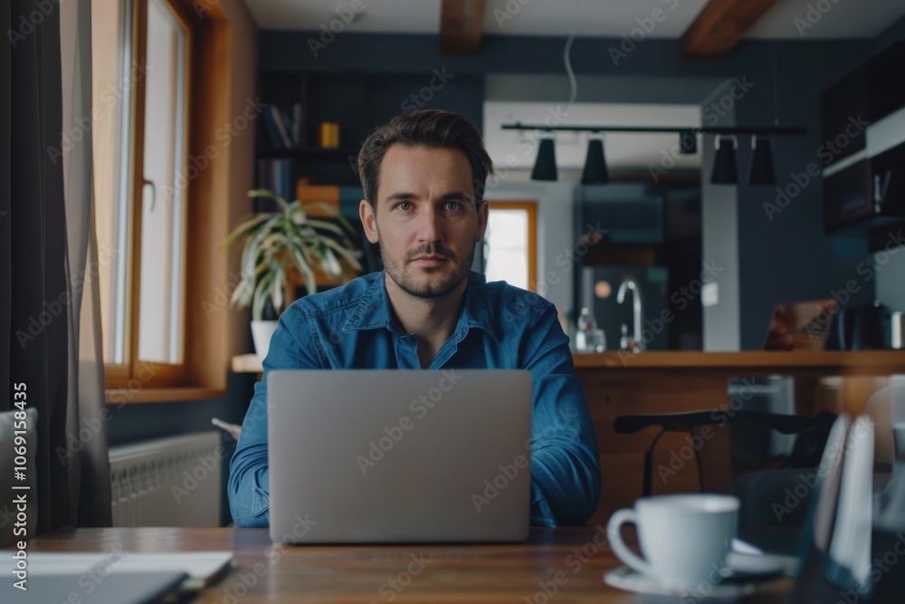 Male employee uses web conference for online interview with partner. Male employee uses web conference for online interview with partner.