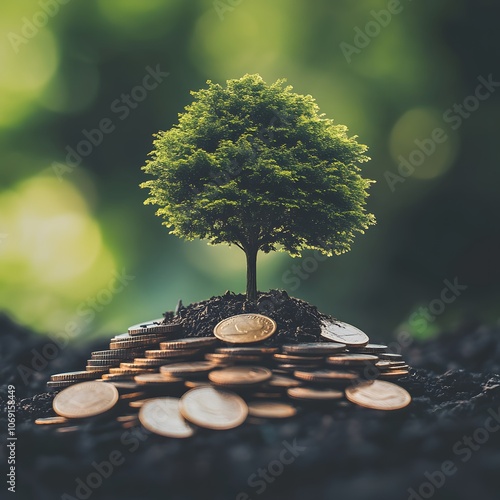 A symbolic image of a tree growing from a pile of coins, representing the concept of profit and savings for future investment photo