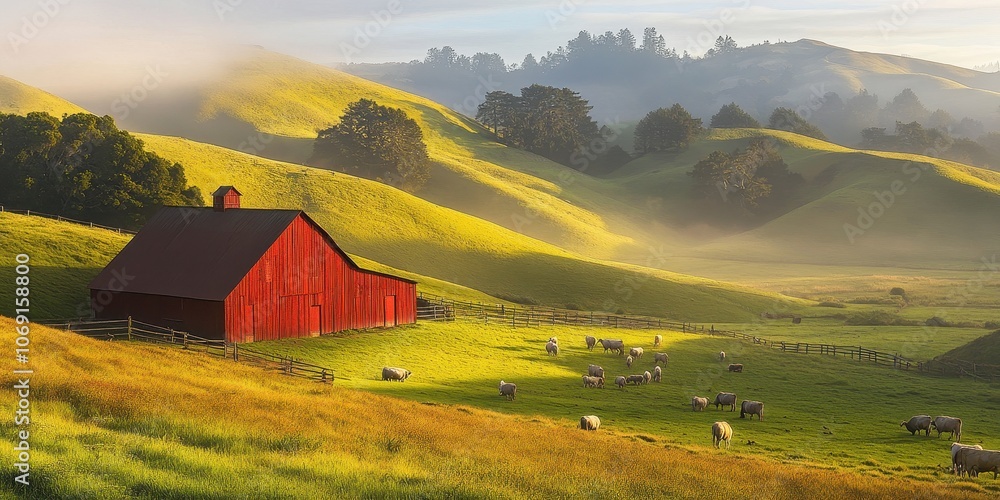 Sunlit Hills with a Red Barn and Grazing Sheep Sunlit Hills with a Red Barn and Grazing Sheep