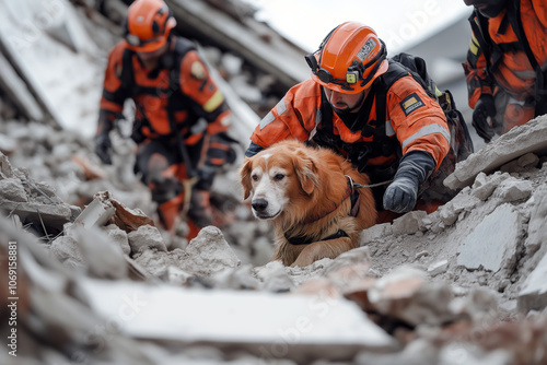 Search and rescue dog helping a team find survivors in a collapsed building, debris and destruction all around. photo