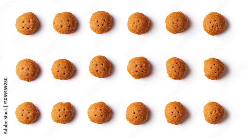 A grid of small, round cookies arranged neatly on a white background. A grid of small, round cookies arranged neatly on a white background.