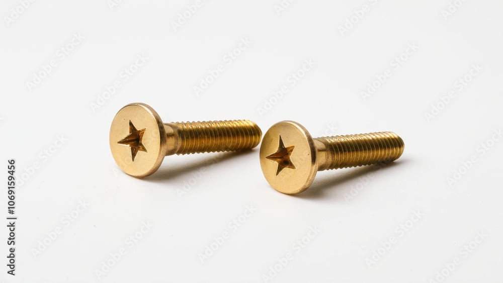 Screws and bolts for furniture repair. Two golden screws with star-shaped heads lie side by side on a white surface, showcasing their shiny metallic finish. Screws and bolts for furniture repair. Two golden screws with star-shaped heads lie side by side on a white surface, showcasing their shiny metallic finish.