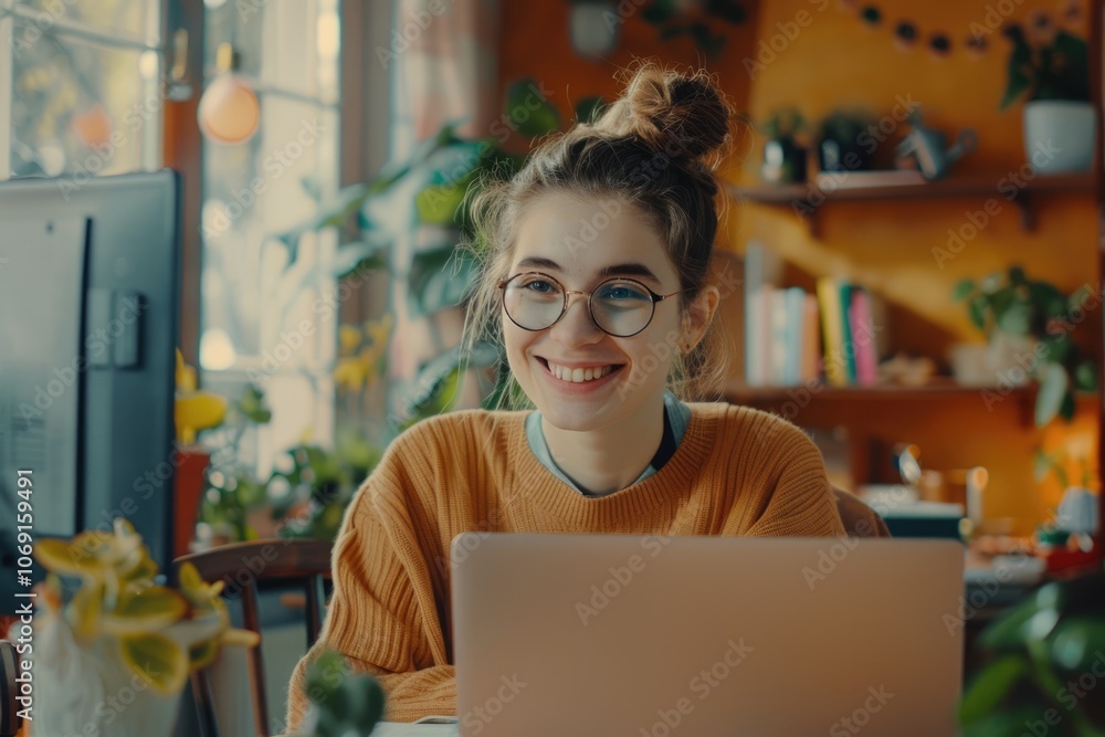 Happy millennial woman working online from home office. Technology concept. Happy millennial woman working online from home office. Technology concept.