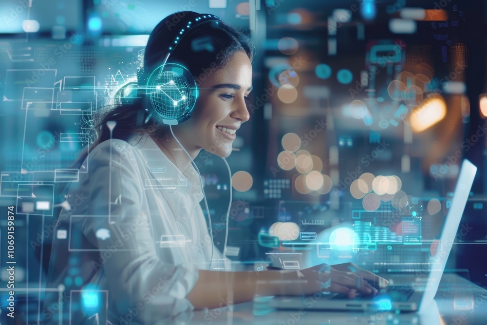 Young businesswoman multitasking with laptop and AI chatbot interface. Young businesswoman multitasking with laptop and AI chatbot interface.
