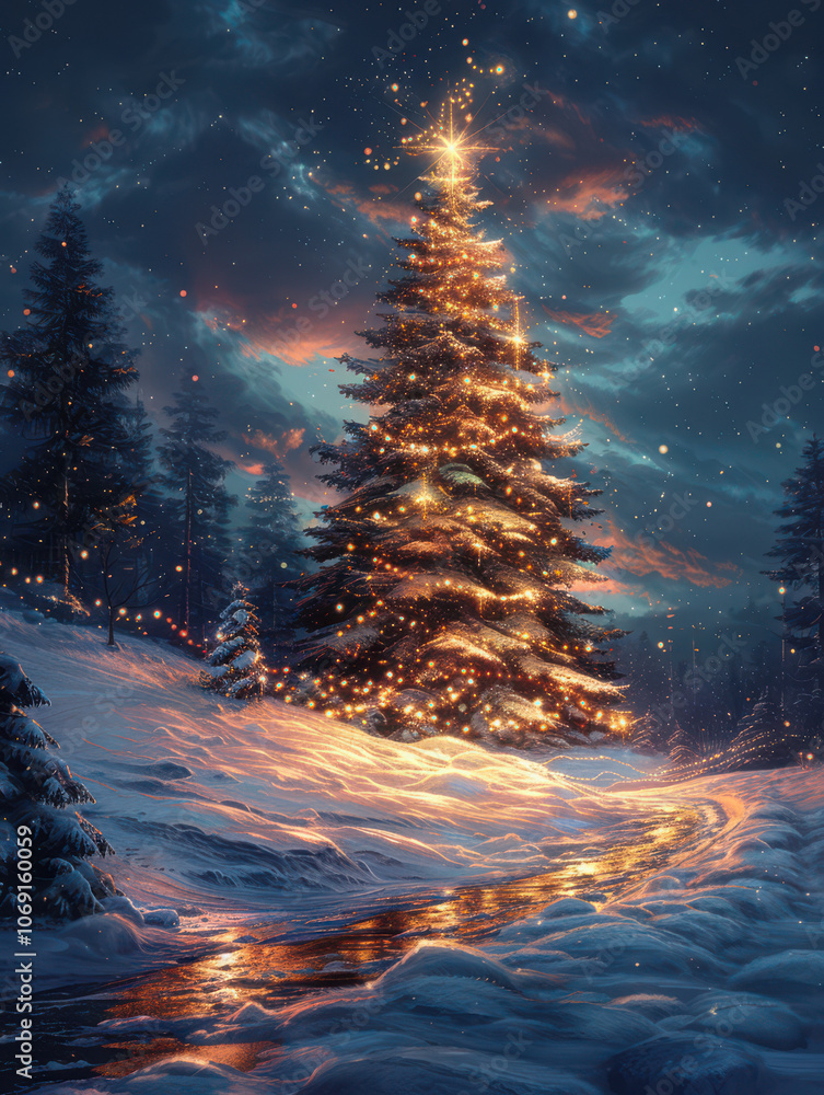 Enchanted Christmas Tree by the Frozen Lake