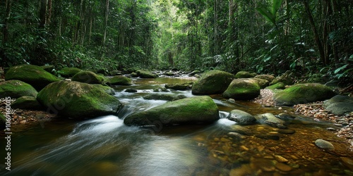 Tranquil Stream Flowing Through a Lush Rainforest