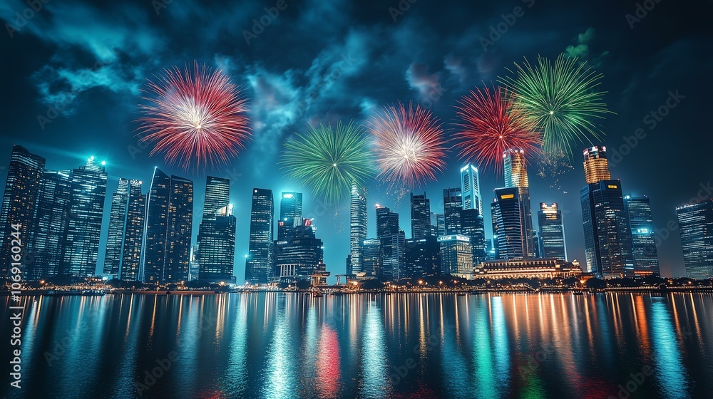 Obraz premium Spectacular fireworks illuminate nighttime cityscape over waterfront skyline