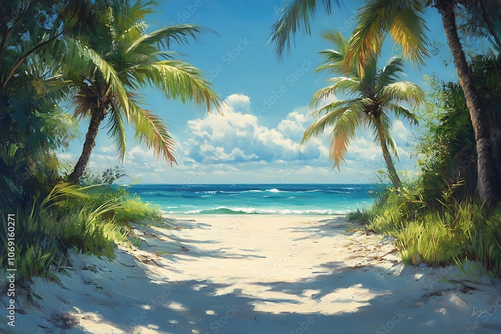 Palm Tree Framed Beach Escape with Golden Sand Palm Tree Framed Beach Escape with Golden Sand