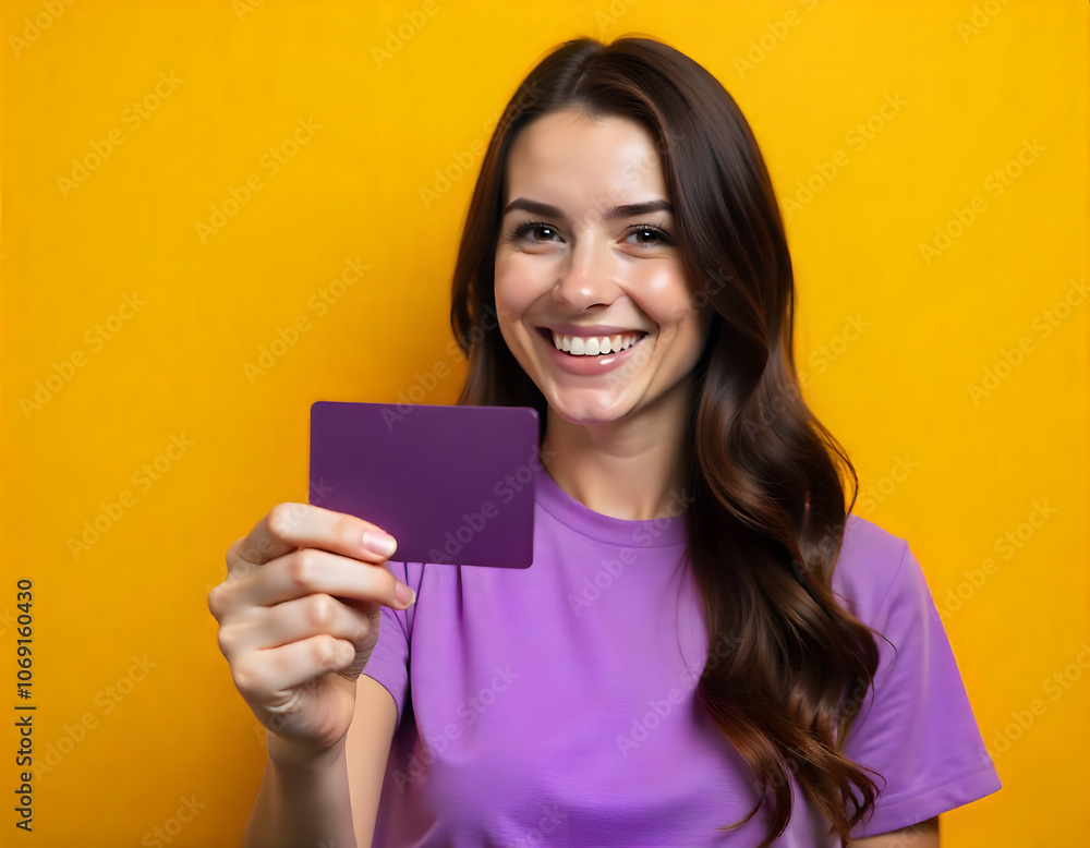 Beautiful young woman in her 20s with long shiny hair holding a credit card for shopping payment against a yellow bright studio background Beautiful young woman in her 20s with long shiny hair holding a credit card for shopping payment against a yellow bright studio background