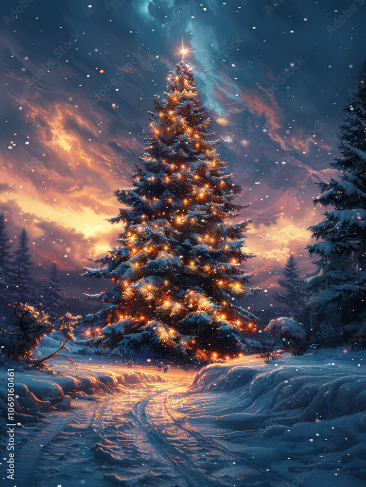 Enchanted Christmas Tree by the Frozen Lake