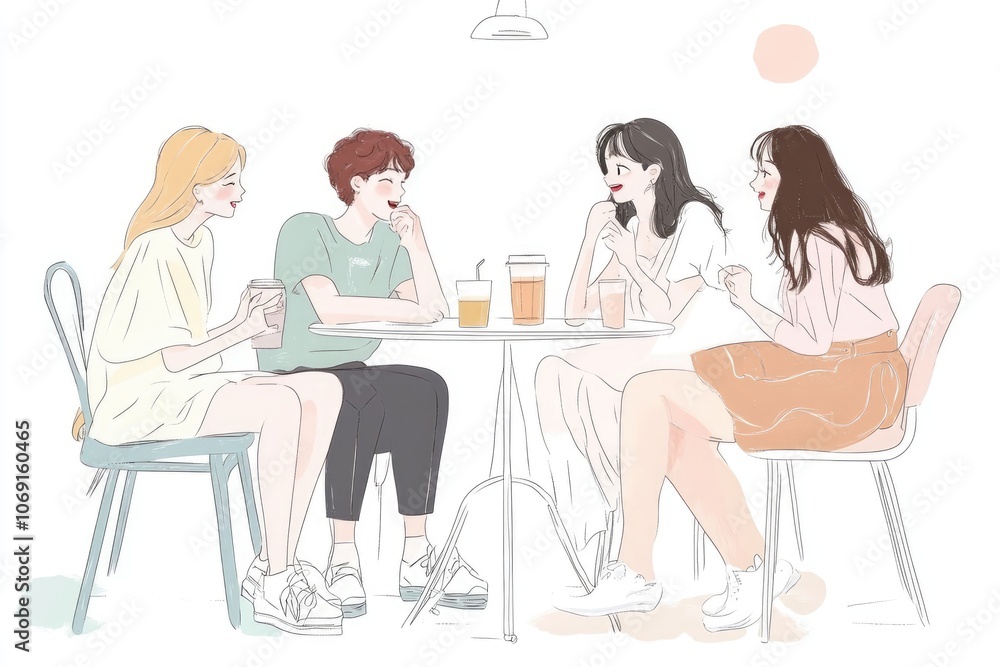Hand-Drawn Vector of Friends Drinking Coffee and Talking, Flat Design with Bright Colors and White Space Hand-Drawn Vector of Friends Drinking Coffee and Talking, Flat Design with Bright Colors and White Space