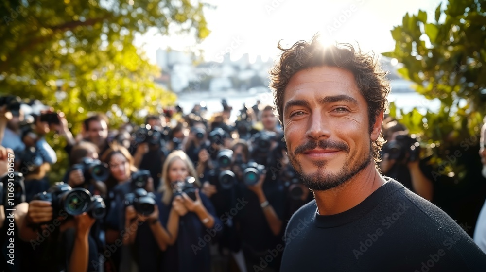 Charismatic celebrity surrounded by enthusiastic paparazzi at outdoor event Charismatic celebrity surrounded by enthusiastic paparazzi at outdoor event