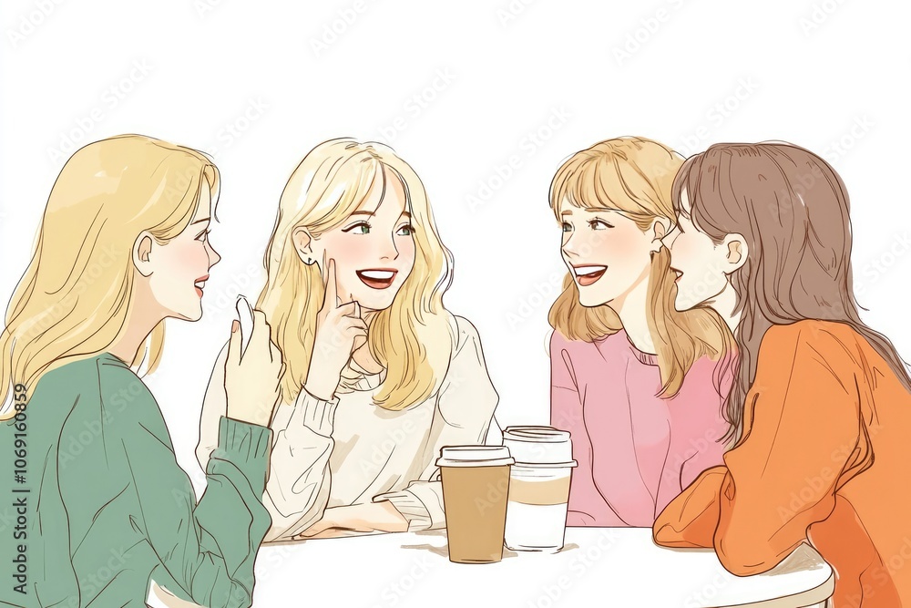 Hand-Drawn Vector of Friends Drinking Coffee and Talking, Flat Design with Bright Colors and White Space Hand-Drawn Vector of Friends Drinking Coffee and Talking, Flat Design with Bright Colors and White Space